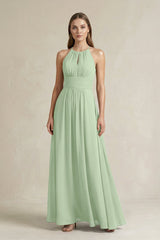Halter A - Line Chiffon Ankle - Length Bridesmaid Dress in Sage - KissProm Bridesmaid Dresses