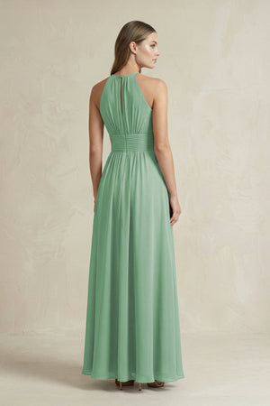Halter A - Line Chiffon Ankle - Length Bridesmaid Dress in Sea Glass - KissProm Bridesmaid Dresses
