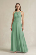 Halter A - Line Chiffon Ankle - Length Bridesmaid Dress in Sea Glass - KissProm Bridesmaid Dresses
