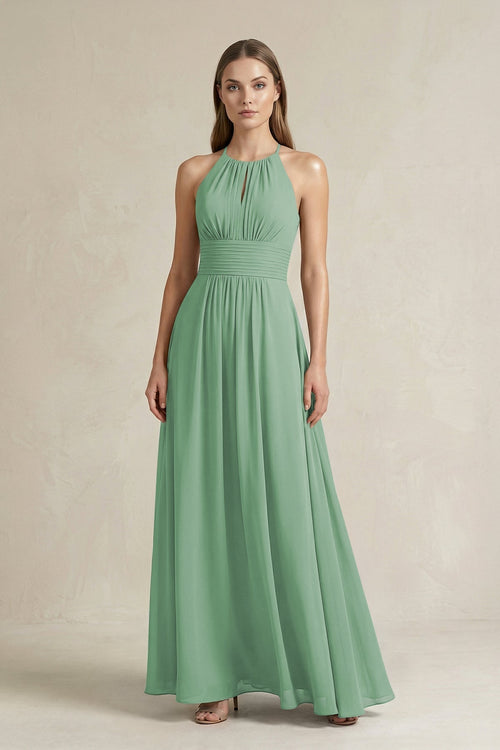 Halter A - Line Chiffon Ankle - Length Bridesmaid Dress in Sea Glass - KissProm Bridesmaid Dresses