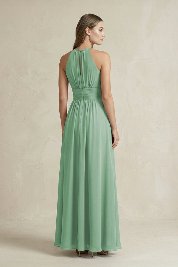 Halter A - Line Chiffon Ankle - Length Bridesmaid Dress in Sea Glass - KissProm Bridesmaid Dresses