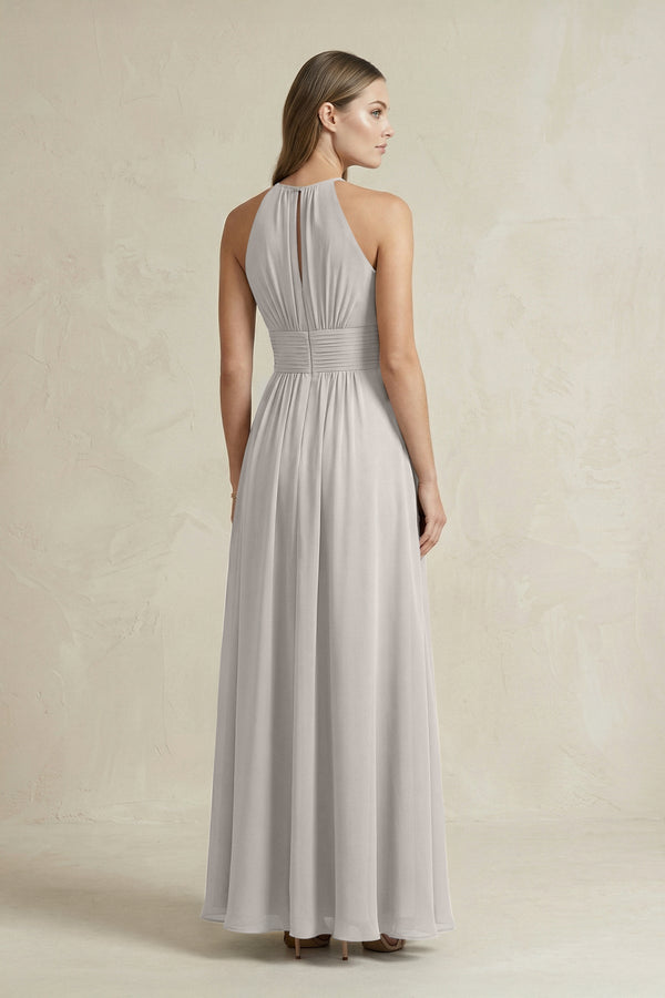 Halter A - Line Chiffon Ankle - Length Bridesmaid Dress in Silver - KissProm Bridesmaid Dresses