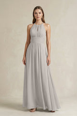 Halter A - Line Chiffon Ankle - Length Bridesmaid Dress in Silver - KissProm Bridesmaid Dresses