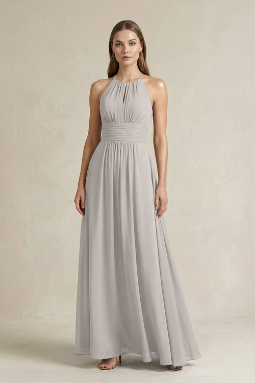 Halter A - Line Chiffon Ankle - Length Bridesmaid Dress in Silver - KissProm Bridesmaid Dresses