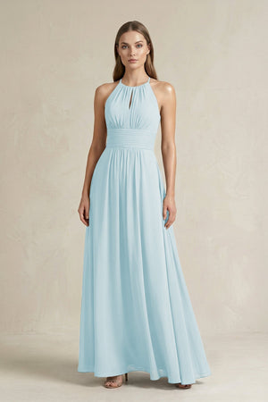 Halter A - Line Chiffon Ankle - Length Bridesmaid Dress in Sky Blue - KissProm Bridesmaid Dresses