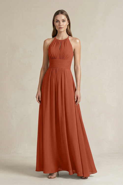 Halter A - Line Chiffon Ankle - Length Bridesmaid Dress in Spice - KissProm Bridesmaid Dresses