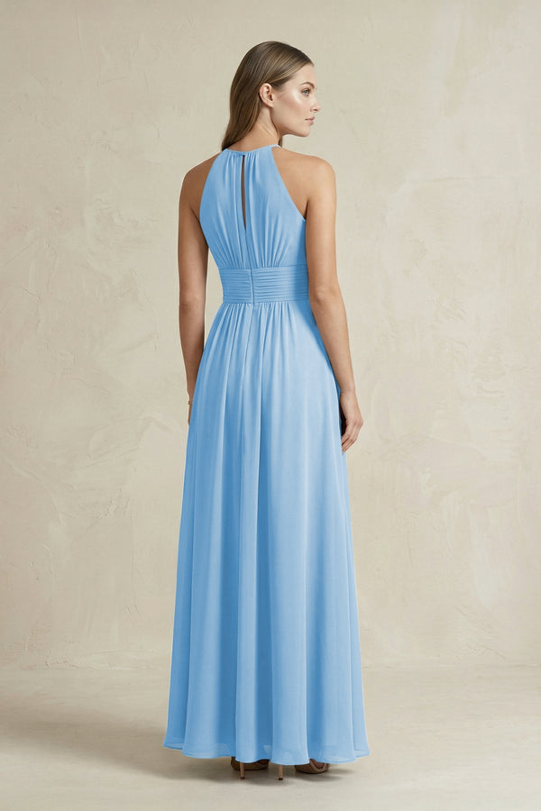 Halter A - Line Chiffon Ankle - Length Bridesmaid Dress in Steel Blue - KissProm Bridesmaid Dresses