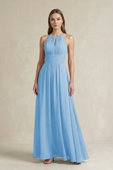 Halter A - Line Chiffon Ankle - Length Bridesmaid Dress in Steel Blue - KissProm Bridesmaid Dresses
