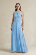 Halter A - Line Chiffon Ankle - Length Bridesmaid Dress in Steel Blue - KissProm Bridesmaid Dresses