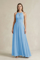 Halter A - Line Chiffon Ankle - Length Bridesmaid Dress in Steel Blue - KissProm Bridesmaid Dresses
