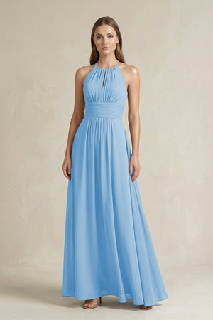 Halter A - Line Chiffon Ankle - Length Bridesmaid Dress in Steel Blue - KissProm Bridesmaid Dresses
