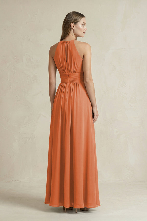 Halter A - Line Chiffon Ankle - Length Bridesmaid Dress in Terracotta - KissProm Bridesmaid Dresses