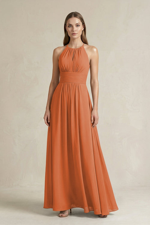 Halter A - Line Chiffon Ankle - Length Bridesmaid Dress in Terracotta - KissProm Bridesmaid Dresses