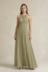 Halter A - Line Chiffon Ankle - Length Bridesmaid Dress in Thyme - KissProm Bridesmaid Dresses