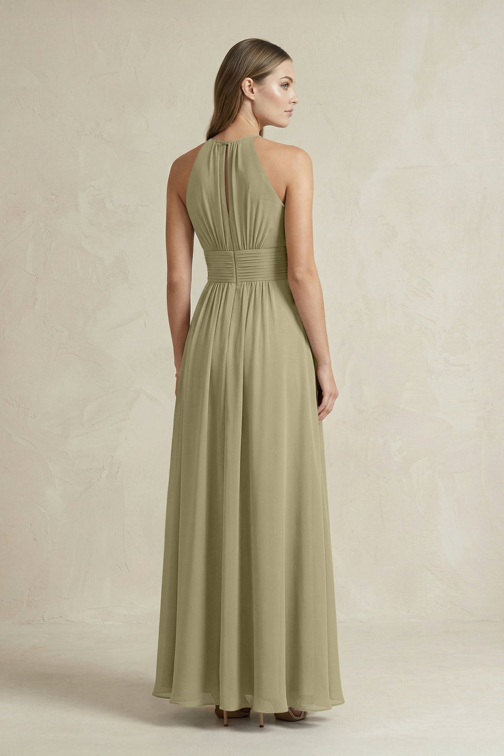 Halter A - Line Chiffon Ankle - Length Bridesmaid Dress in Thyme - KissProm Bridesmaid Dresses