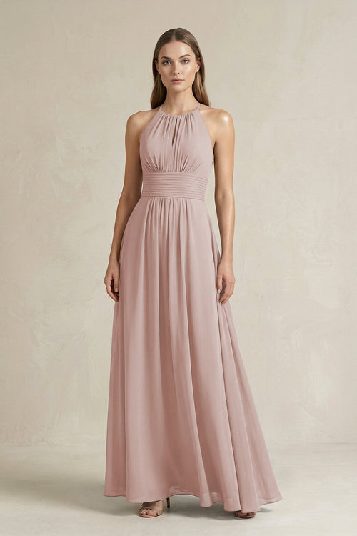 Halter A - Line Chiffon Ankle - Length Bridesmaid Dress in Toffee - KissProm Bridesmaid Dresses