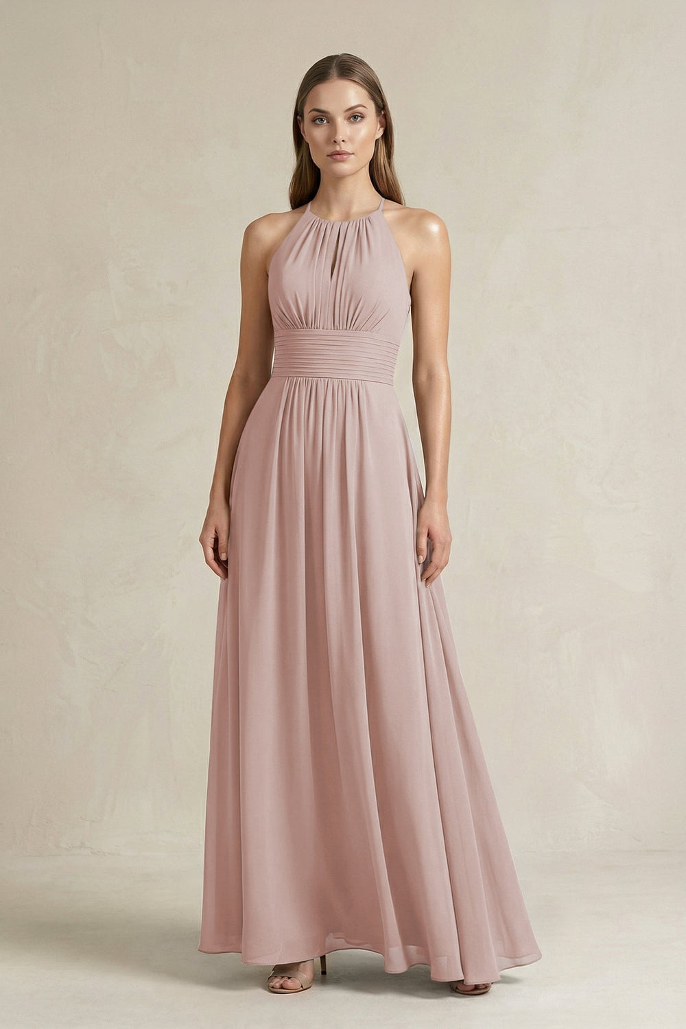 Halter A - Line Chiffon Ankle - Length Bridesmaid Dress in Toffee - KissProm Bridesmaid Dresses