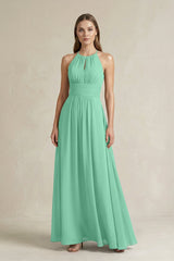 Halter A - Line Chiffon Ankle - Length Bridesmaid Dress in Turquoise - KissProm Bridesmaid Dresses