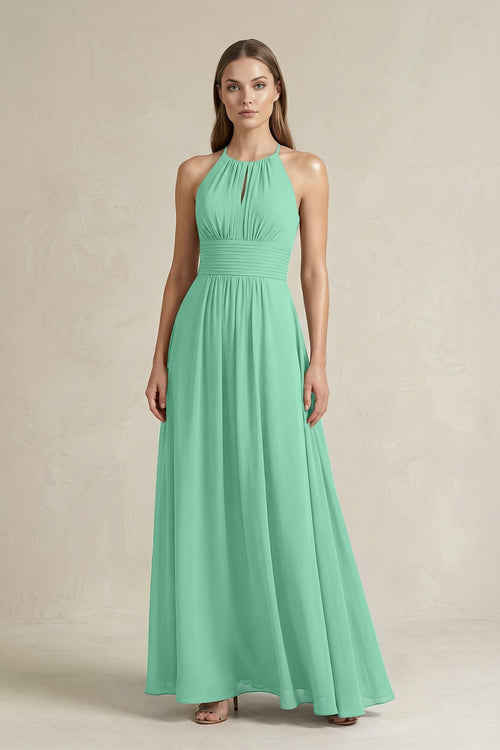 Halter A - Line Chiffon Ankle - Length Bridesmaid Dress in Turquoise - KissProm Bridesmaid Dresses