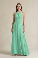 Halter A - Line Chiffon Ankle - Length Bridesmaid Dress in Turquoise - KissProm Bridesmaid Dresses