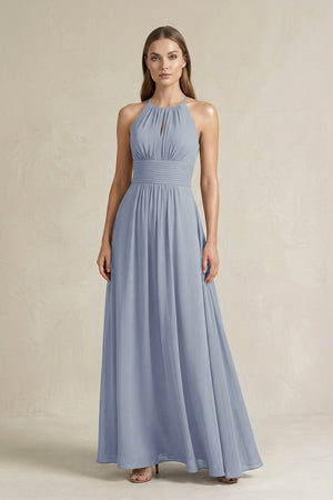 Halter A - Line Chiffon Ankle - Length Bridesmaid Dress in Twilight - KissProm Bridesmaid Dresses