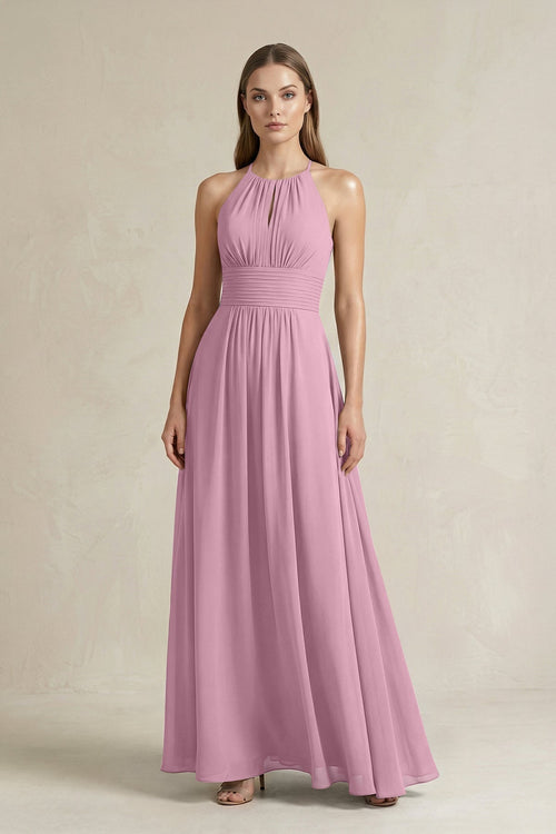 Halter A - Line Chiffon Ankle - Length Bridesmaid Dress in Vintage Mauve - KissProm Bridesmaid Dresses