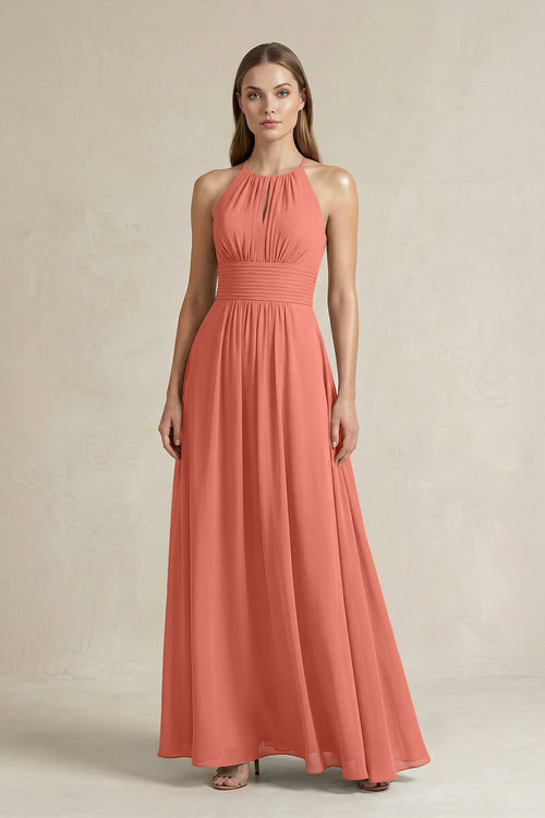 Halter A - Line Chiffon Ankle - Length Bridesmaid Dress in Wild Rose - KissProm Bridesmaid Dresses