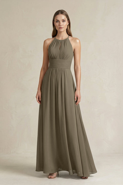 Halter A - Line Chiffon Ankle - Length Bridesmaid Dress in Willow Green - KissProm Bridesmaid Dresses
