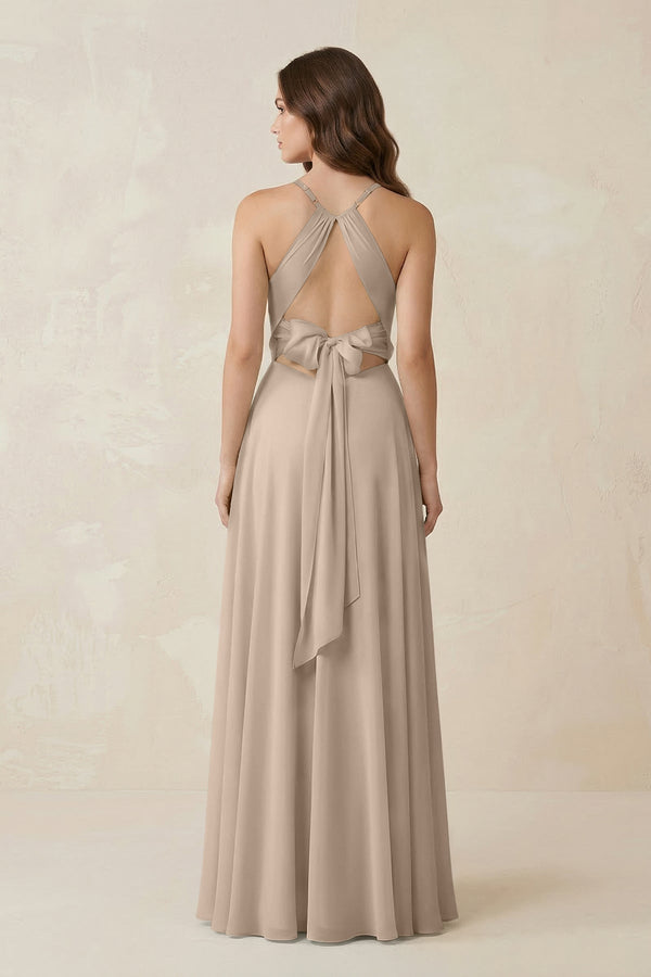 Halter A - Line Chiffon Bridesmaid Dress With Slit in Almond - KissProm Bridesmaid Dresses