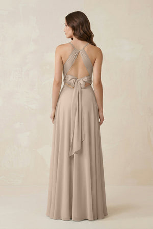 Halter A - Line Chiffon Bridesmaid Dress With Slit in Almond - KissProm Bridesmaid Dresses