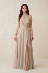 Halter A - Line Chiffon Bridesmaid Dress With Slit in Almond - KissProm Bridesmaid Dresses