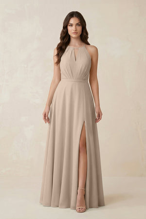 Halter A - Line Chiffon Bridesmaid Dress With Slit in Almond - KissProm Bridesmaid Dresses