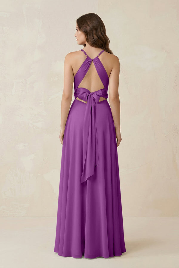 Halter A - Line Chiffon Bridesmaid Dress With Slit in Amethyst - KissProm Bridesmaid Dresses