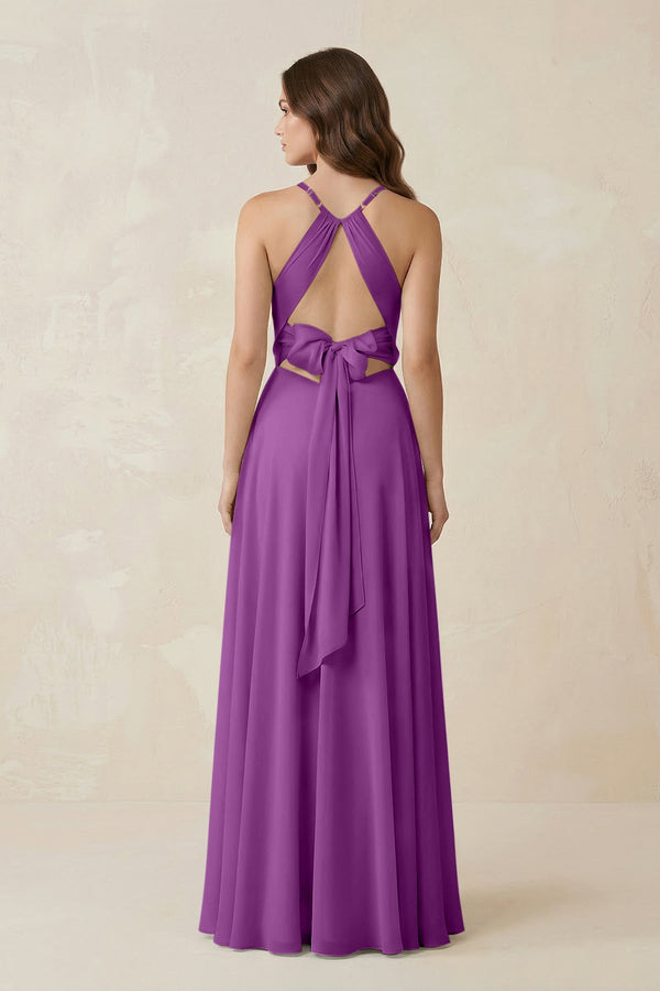 Halter A - Line Chiffon Bridesmaid Dress With Slit in Amethyst - KissProm Bridesmaid Dresses