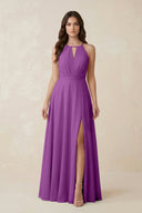 Halter A - Line Chiffon Bridesmaid Dress With Slit in Amethyst - KissProm Bridesmaid Dresses
