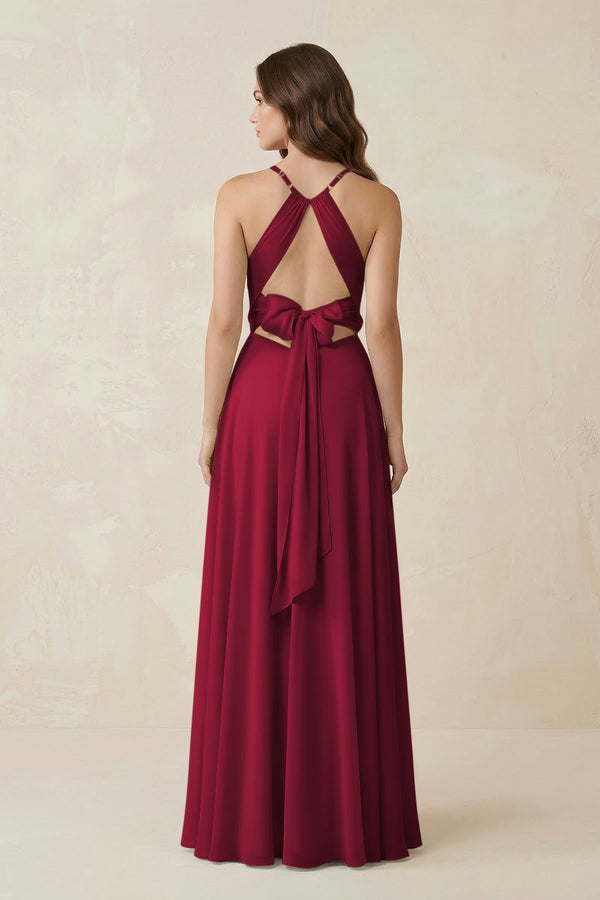 Halter A - Line Chiffon Bridesmaid Dress With Slit in Berry - KissProm Bridesmaid Dresses