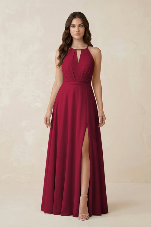Halter A - Line Chiffon Bridesmaid Dress With Slit in Berry - KissProm Bridesmaid Dresses