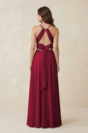 Halter A - Line Chiffon Bridesmaid Dress With Slit in Berry - KissProm Bridesmaid Dresses