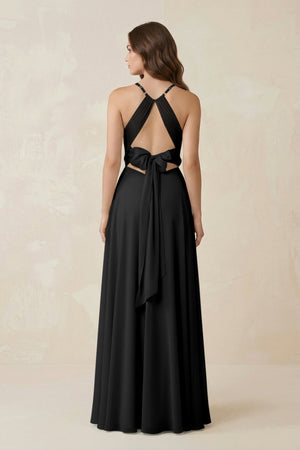 Halter A - Line Chiffon Bridesmaid Dress With Slit in Black - KissProm Bridesmaid Dresses