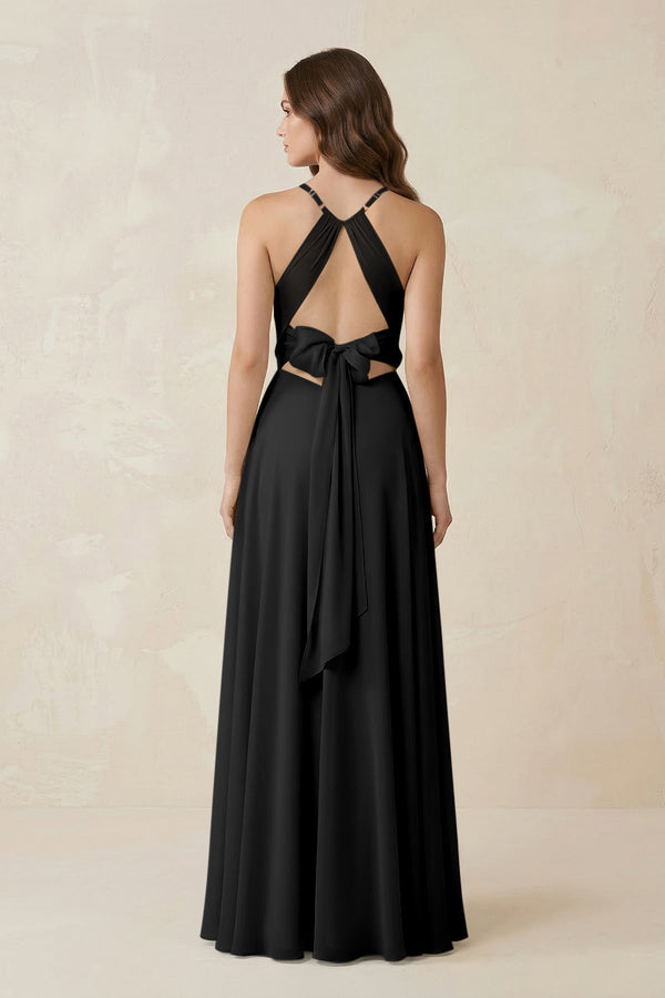 Halter A - Line Chiffon Bridesmaid Dress With Slit in Black - KissProm Bridesmaid Dresses