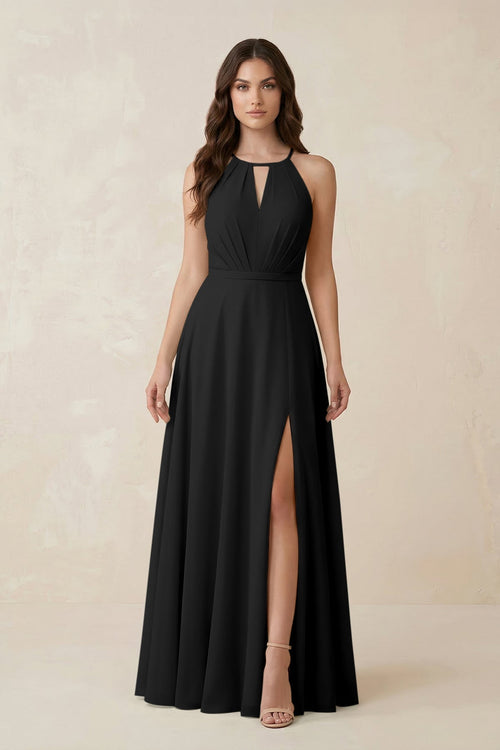 Halter A - Line Chiffon Bridesmaid Dress With Slit in Black - KissProm Bridesmaid Dresses