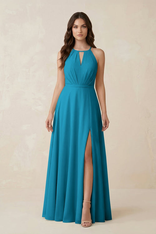 Halter A - Line Chiffon Bridesmaid Dress With Slit in Blue Jay - KissProm Bridesmaid Dresses