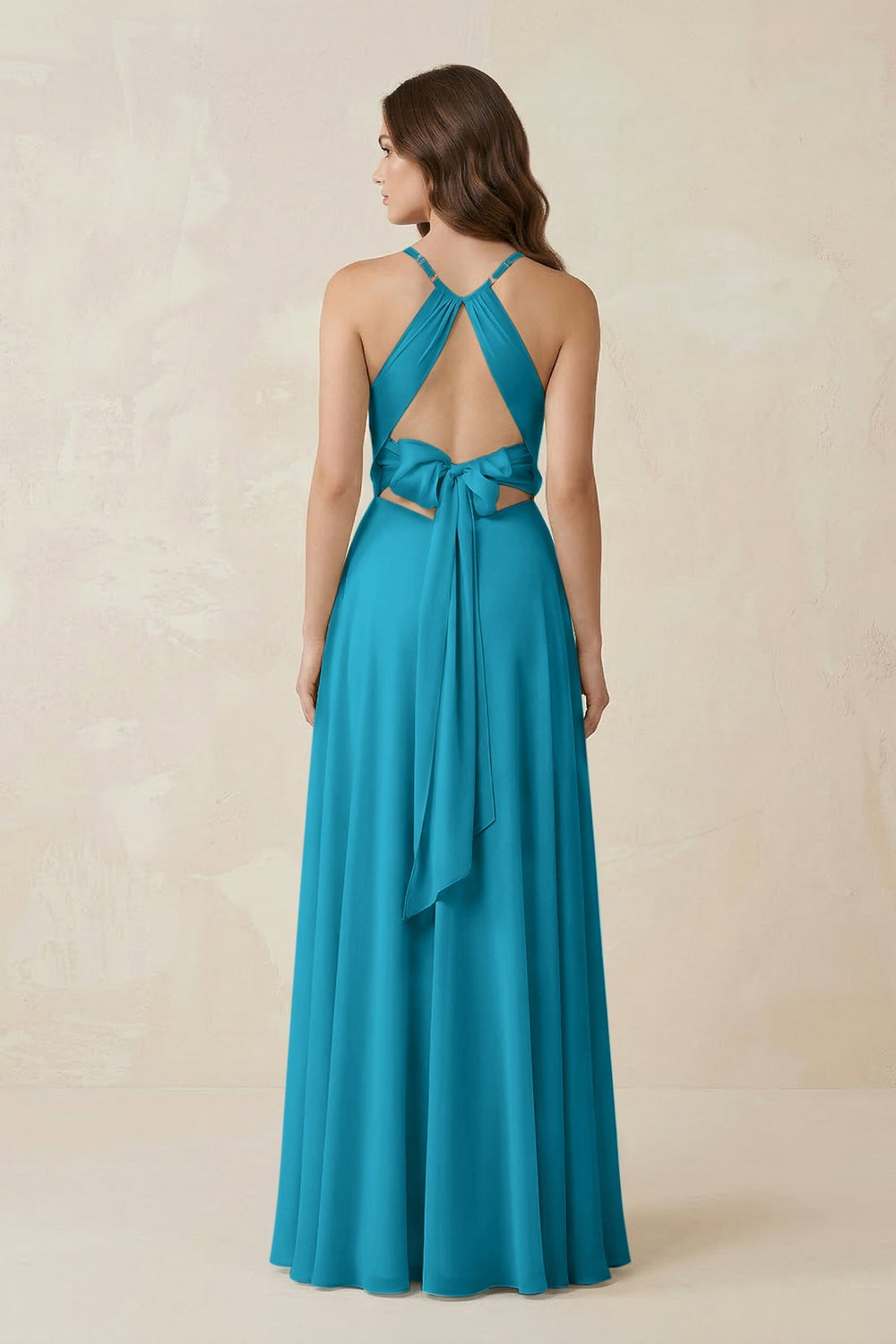 Halter A - Line Chiffon Bridesmaid Dress With Slit in Blue Jay - KissProm Bridesmaid Dresses