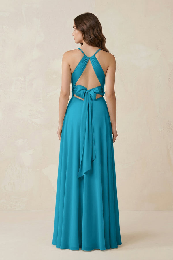 Halter A - Line Chiffon Bridesmaid Dress With Slit in Blue Jay - KissProm Bridesmaid Dresses