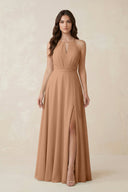 Halter A - Line Chiffon Bridesmaid Dress With Slit in Bronzer - KissProm Bridesmaid Dresses