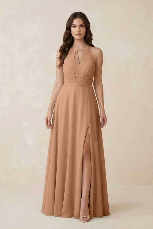 Halter A - Line Chiffon Bridesmaid Dress With Slit in Bronzer - KissProm Bridesmaid Dresses