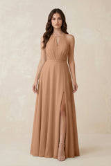 Halter A - Line Chiffon Bridesmaid Dress With Slit in Bronzer - KissProm Bridesmaid Dresses