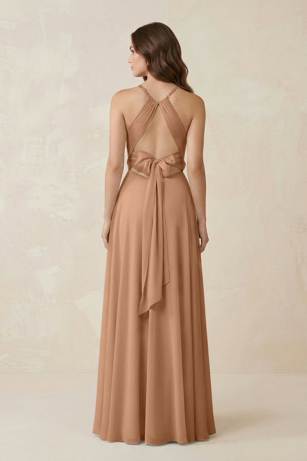 Halter A - Line Chiffon Bridesmaid Dress With Slit in Bronzer - KissProm Bridesmaid Dresses