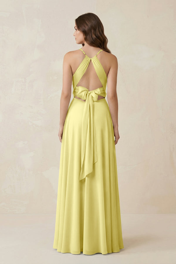 Halter A - Line Chiffon Bridesmaid Dress With Slit in Buttercup - KissProm Bridesmaid Dresses