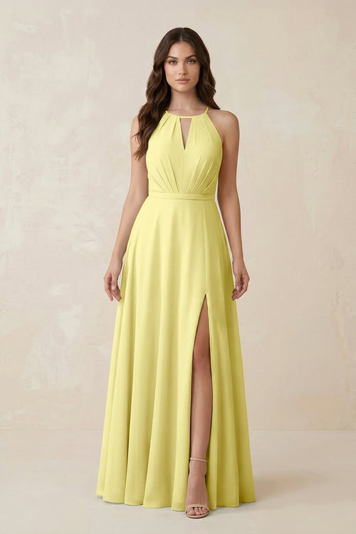 Halter A - Line Chiffon Bridesmaid Dress With Slit in Buttercup - KissProm Bridesmaid Dresses